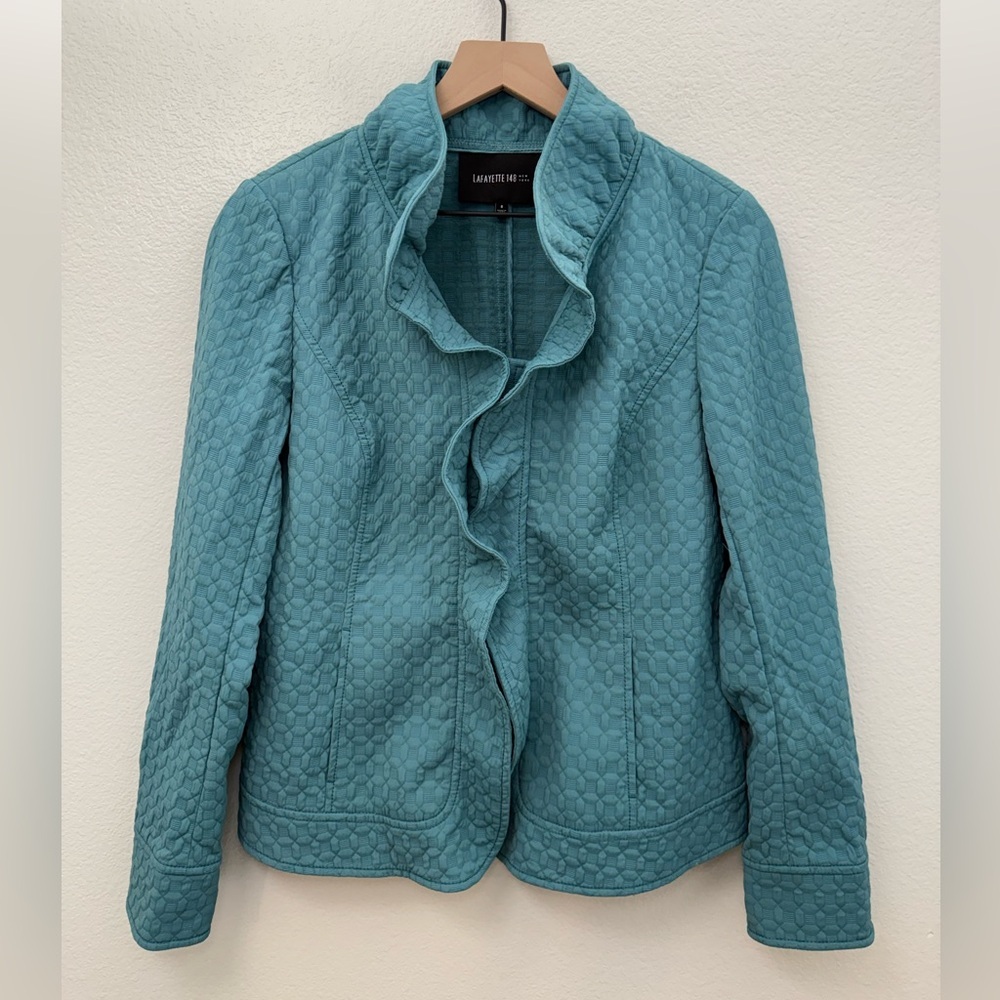 Lafayette 148 New York Blue Quilt Pattern Collared Zipper Jacket Size 8